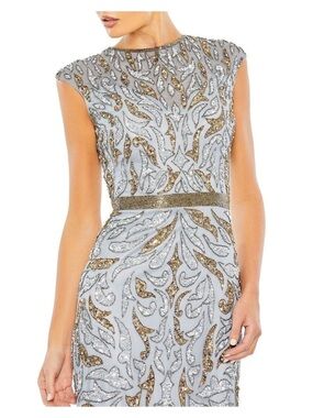MAC DUGGAL Embellished Silver & Gold Cap-Sleeve Evening Dress